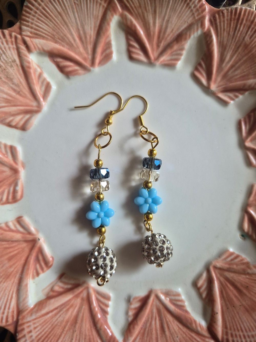 Gold-Tone Blue Flower Dangle Earrings with Crystal Ball Drops